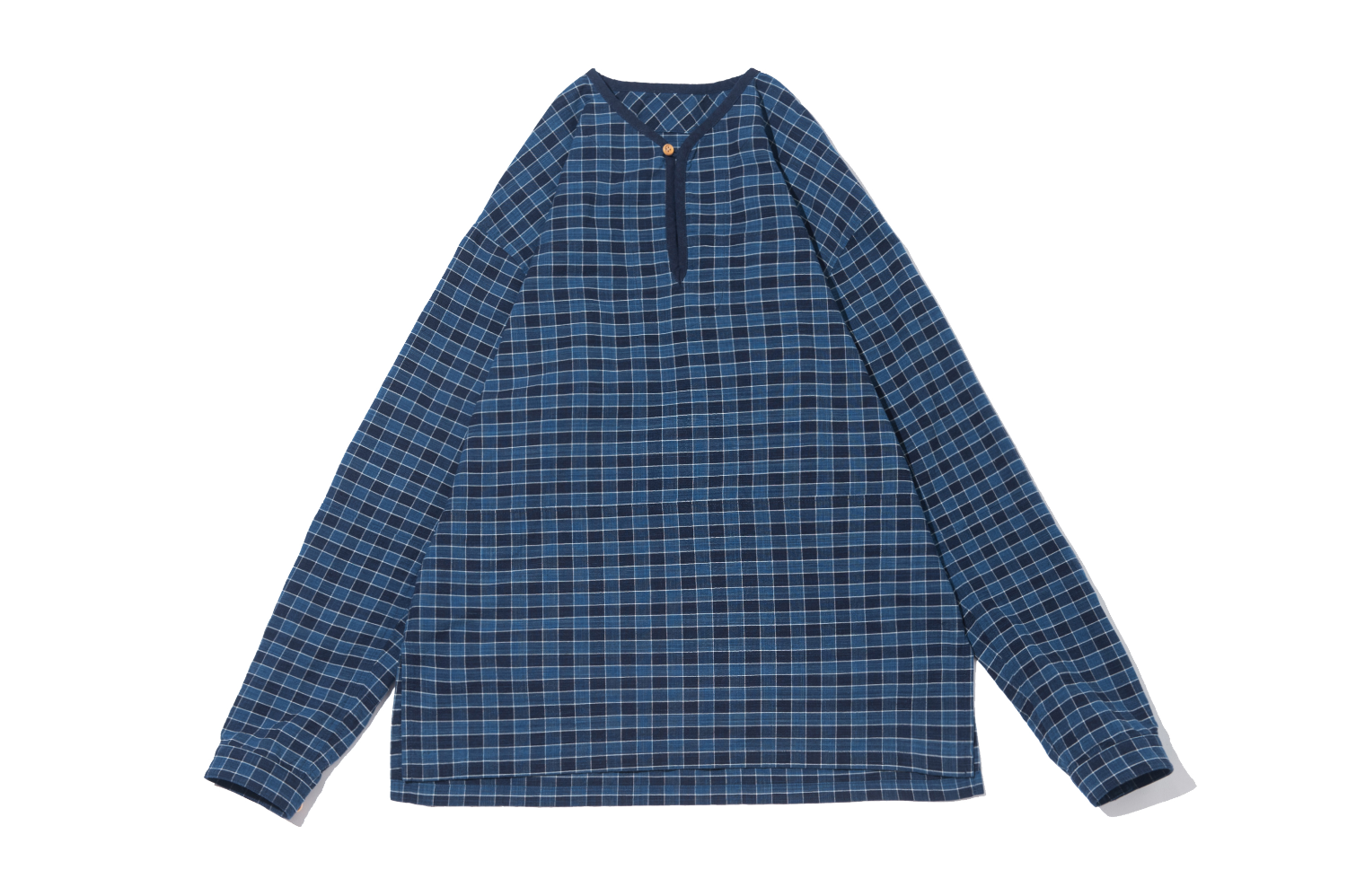 Patchwork(Small-check) indigo collarless tunic shirt (natural indigo dyeing)