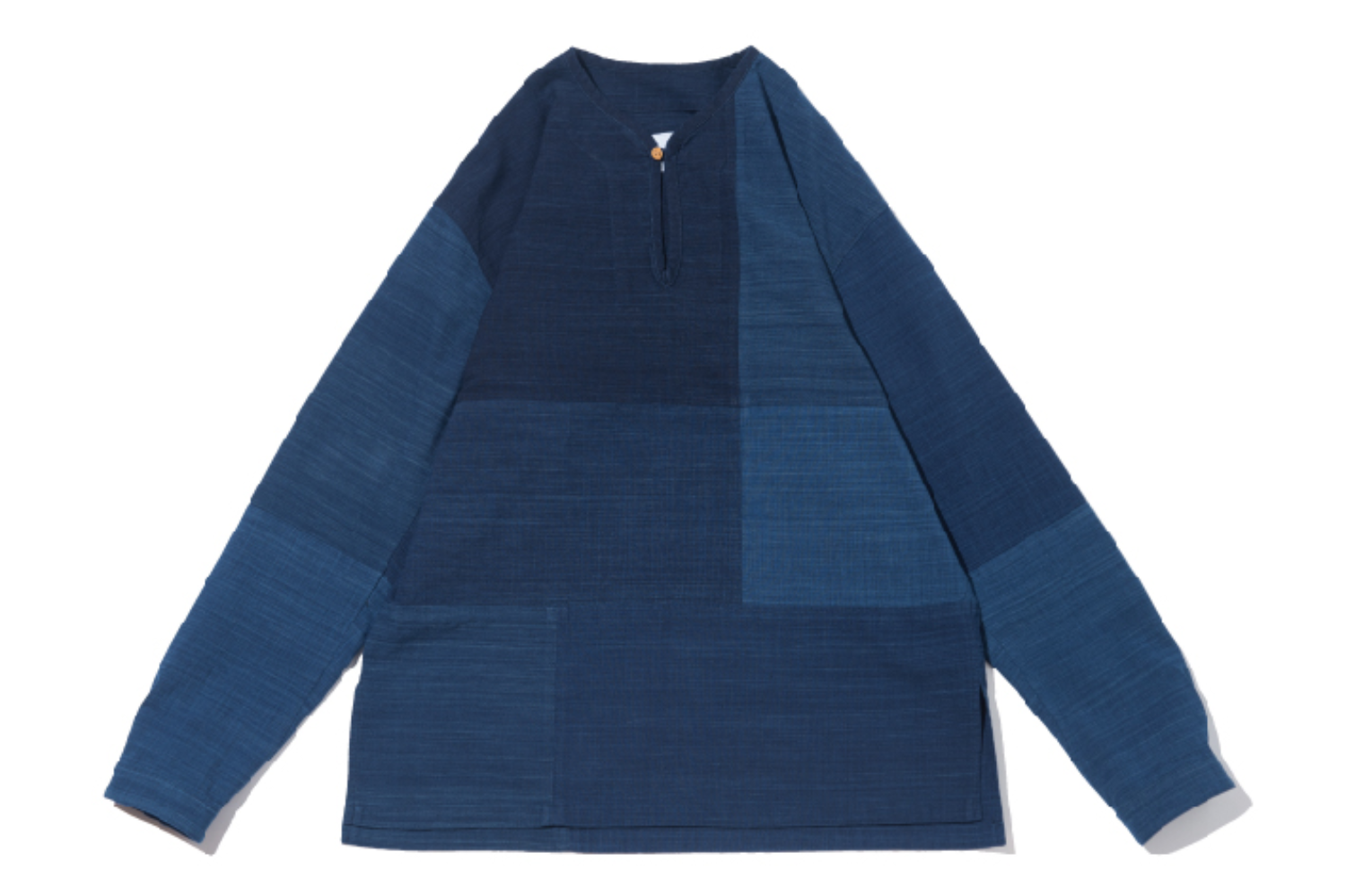 Patchwork indigo collarless tunic shirt (natural indigo dyeing)